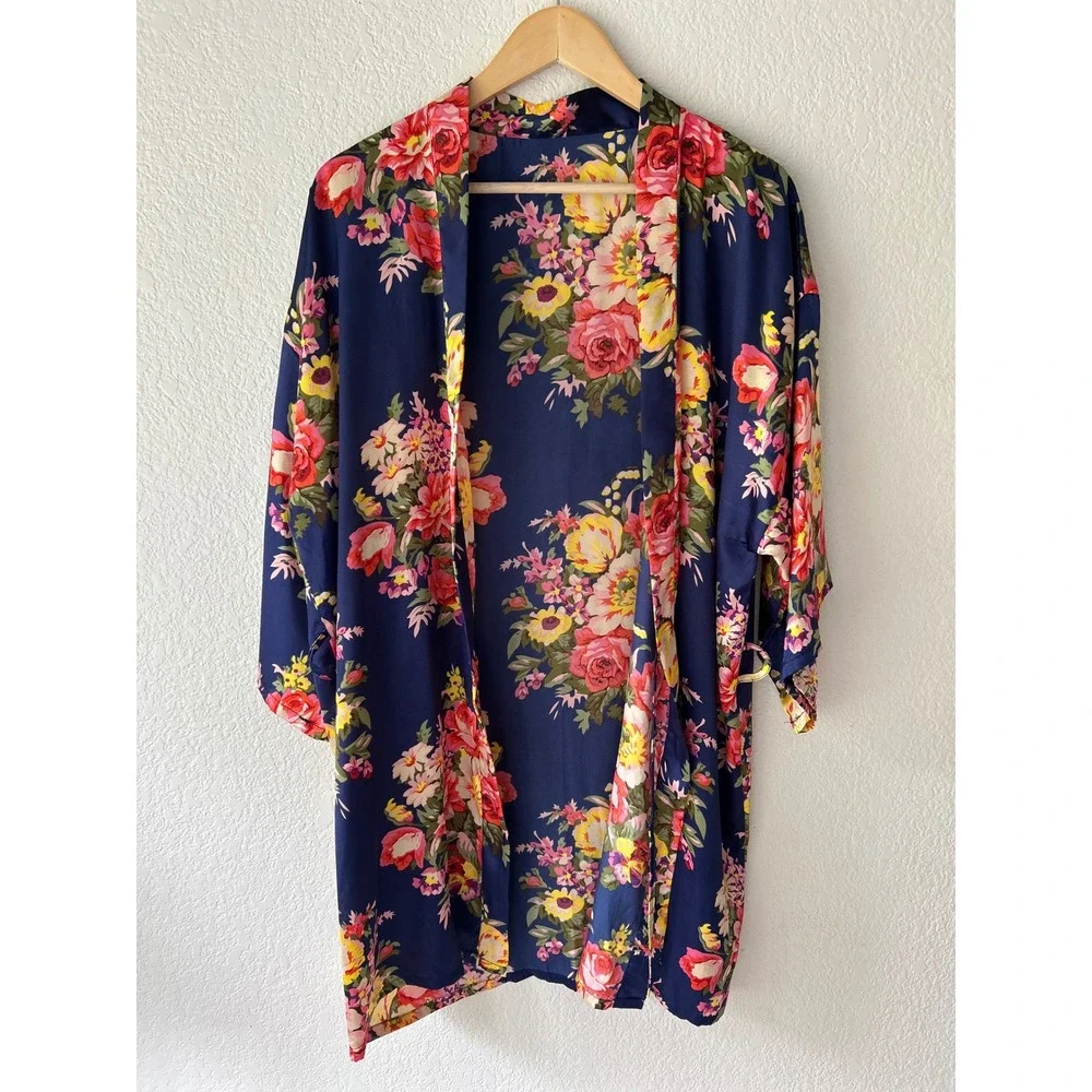 Navy Blue Floral Satin Kimono Robe Open Front Short Sleeve Boho Loungewear